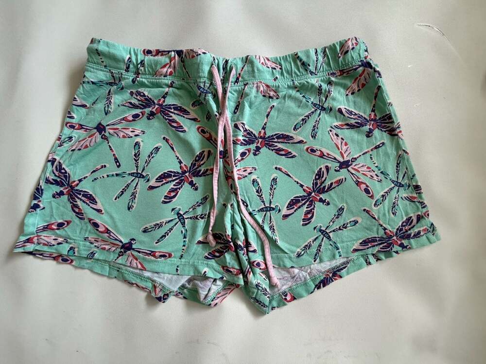 Munki Munki Shorts L Green Dragonfly Print Drawstring Lounge Sleep Pajama